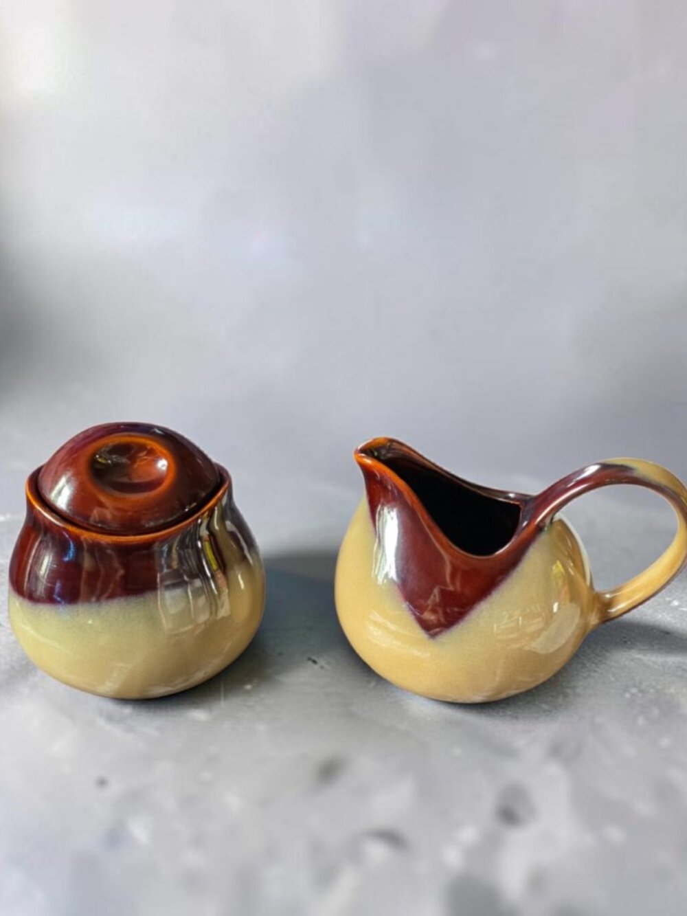 VINTAGE SANGO (3PC) Footed Nova Brown Earthenware Creamer/Sugar/Lid